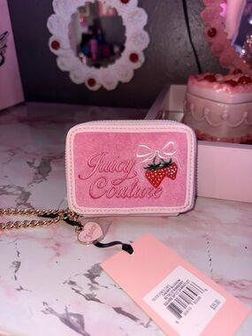 Juicy Couture Cherry Blossom Retro Strawberry Square Zip CC ZA Wristlet Wallet